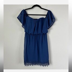 Socialite Blue Sheer Off Shoulder Baby Doll Dress Sz S B-34